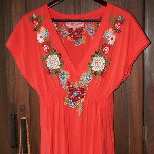 Johnny Was Orange Embroidered Floral Dress Size M